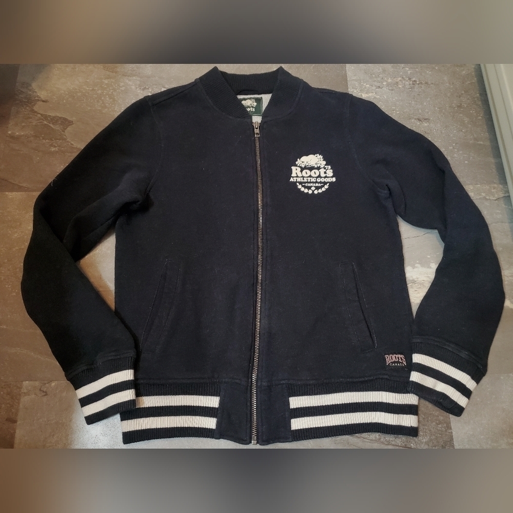 Roots Bomber Jacket. Black, A Bit Dewashed. Bit Of White. Fitted. M. Varsity.